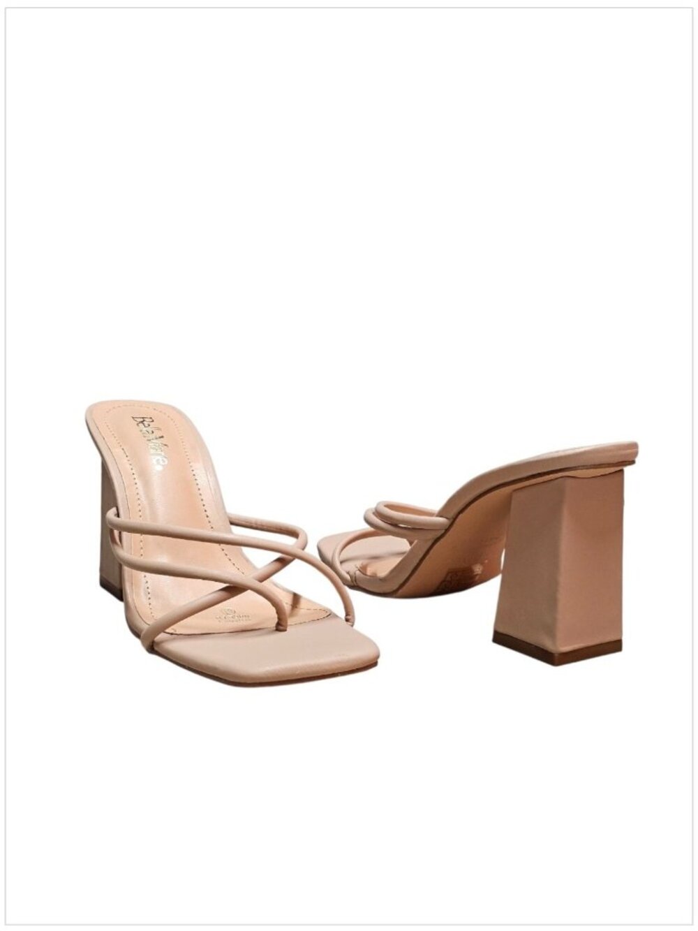 Strappy Nude Block Heel Sandals For Women Square Toe Slip-On Design - Picture 6 of 13